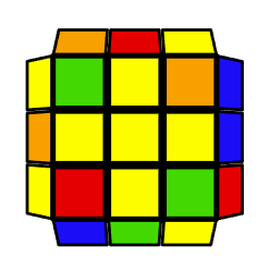 A ZBLL last-layer case shown on three visible faces of a cube